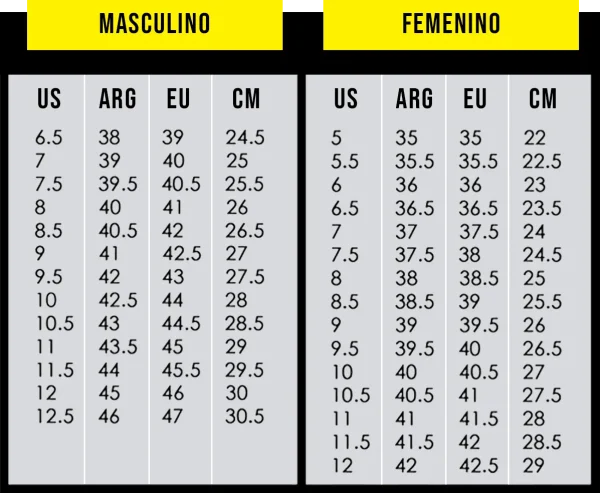 Talles masculinos y femeninos para zapatillas